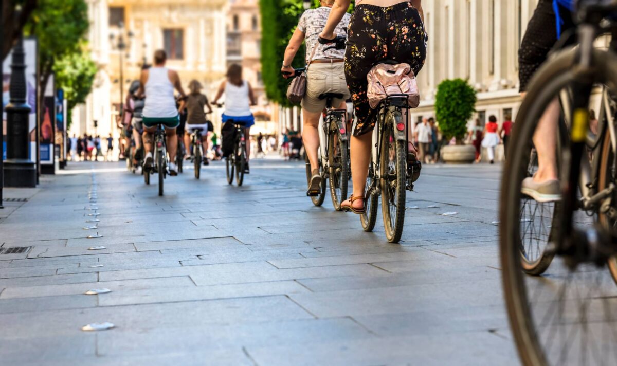 cyclists on a bike path in the city 