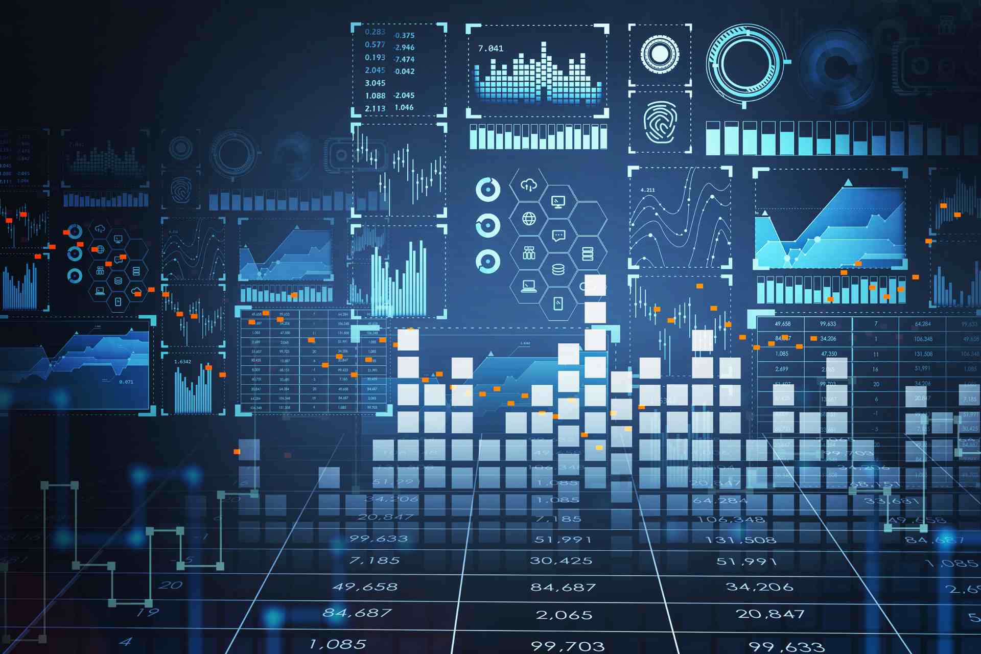 Visuel lumineux bleu clair affichant des tableaux et graphiques sous forme de reporting sur fond bleu foncé 